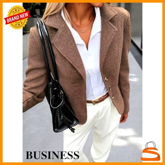 Cropped Tweed Blazer Slim Fit Office Casual Elegant Lapel Collar Jacket - Picture 4 of 7